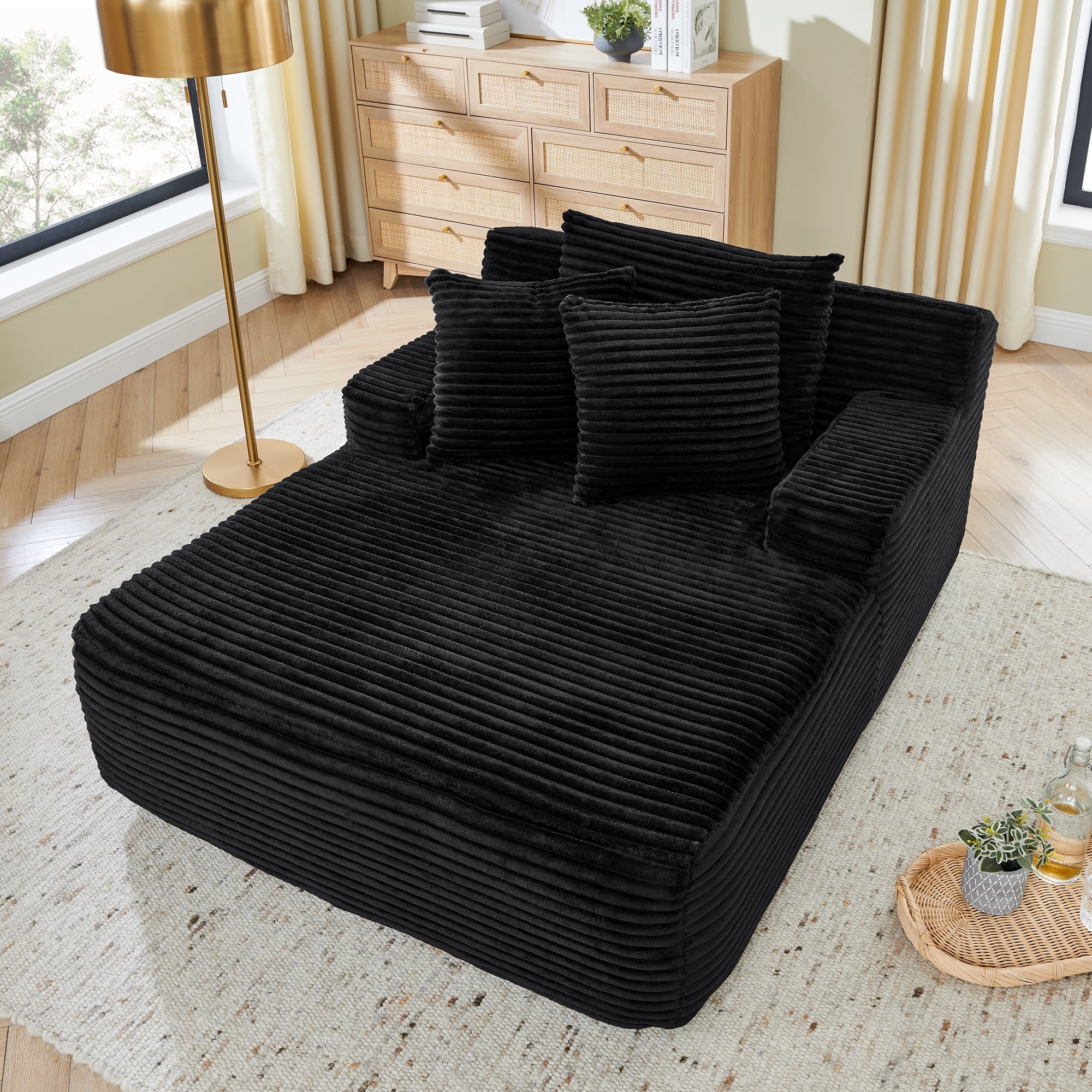 65"Oversized Chaise Lounge Chair Indoor, Cloud-Plush Corduroy Upholstered Sofa Bed with Pillows, Modern Deep Seat Cozy Sleeper Couch for Living Room, No Assembly Required, Black