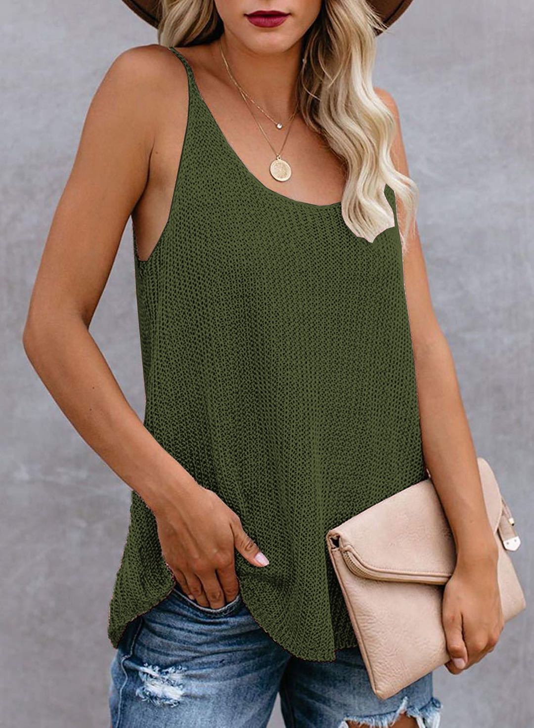 Biucly Women's Scoop Neck Tank Tops Knit Shirts Casual Loose Sleeveless Camis Sweater Blouses