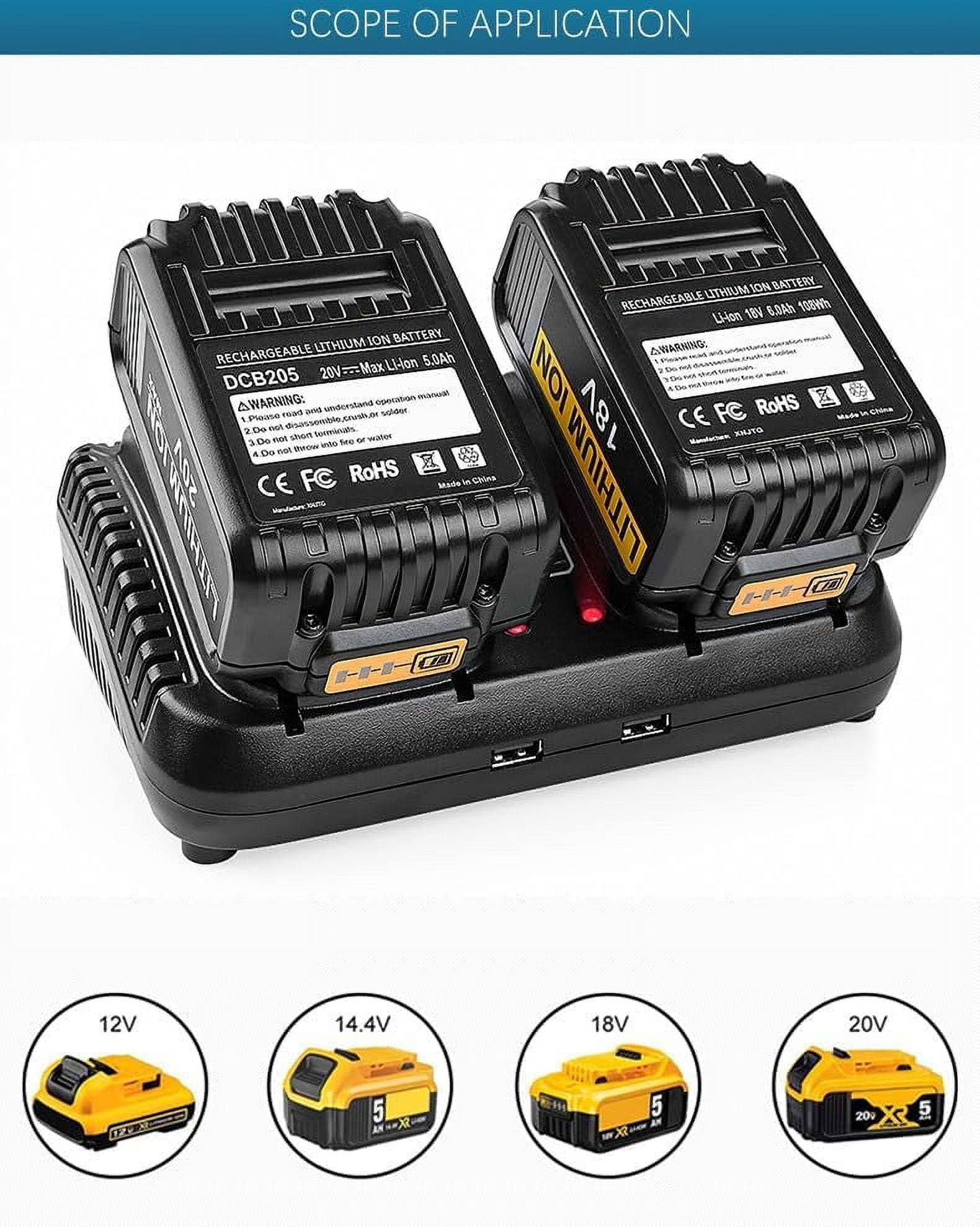 Dual Battery Charger Replace for Dewalt 12V/20V MAX Charging Station DCB102 DCB101 DCB105 DCB112 DCB107 Lithium Battery DCB200 DCB203 DCB204 DCB606 Power Tools（Charger only）