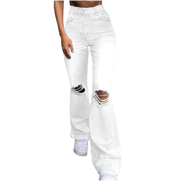 Womens Ripped Bell Bottom Jeans Washed High Waist Stretch Pull-On