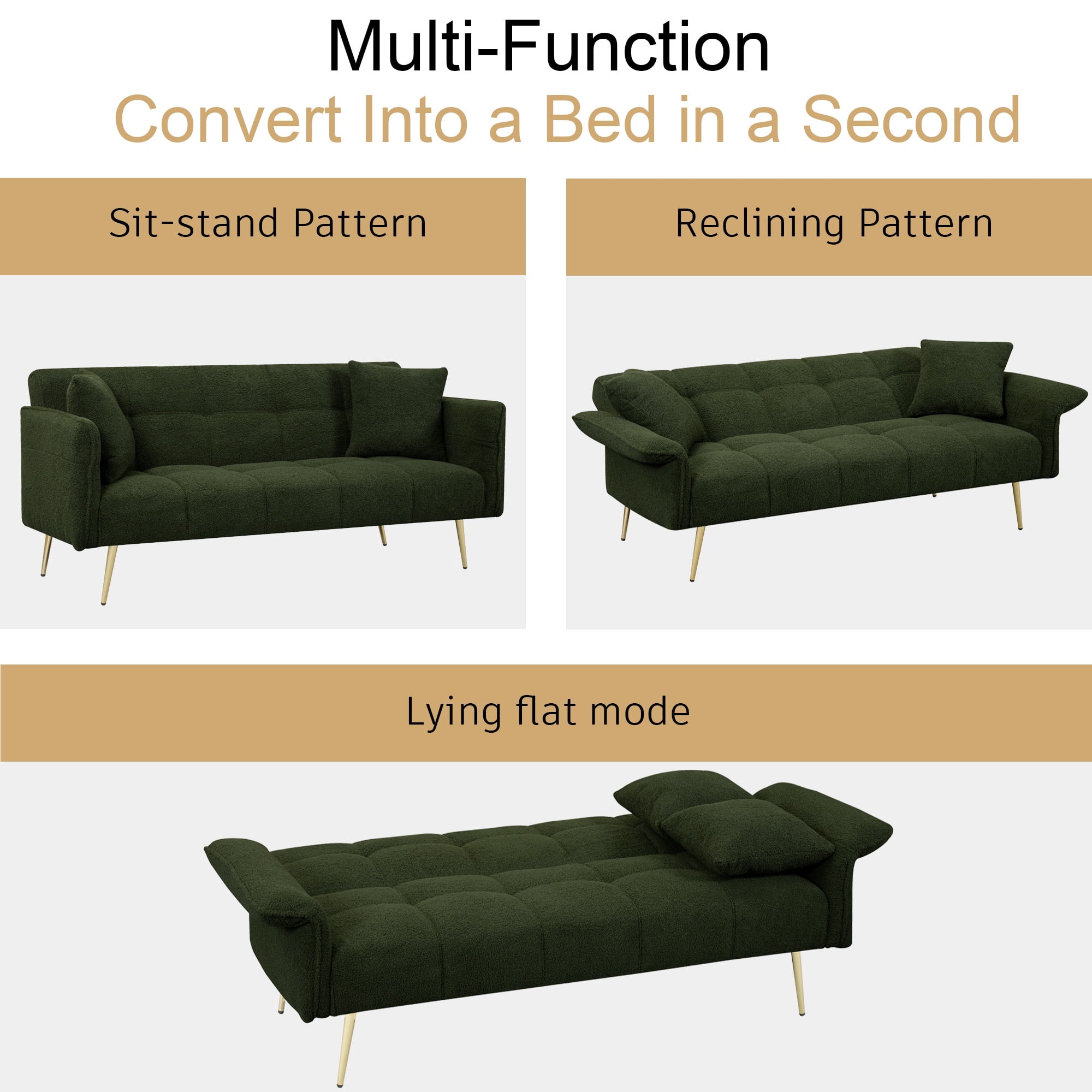 CARZZI 70" Upholstered Teddy Loveseat Sofa, Convertible Futon Sofa Couch with Adjustable Arms, Deep Seat 2 Seater Comfy Cushion Love Seat for Small Space Living Room Bedroom Apartment, Green