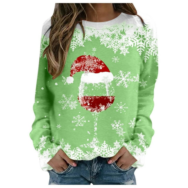 HNMKIU Hauts à Manches Longues pour Femmes Mode Automne et Hiver Loisirs Vacances Rouge Flocon de Neige Imprimé de Noël Col Rond Sweat à Capuche Manches Longues