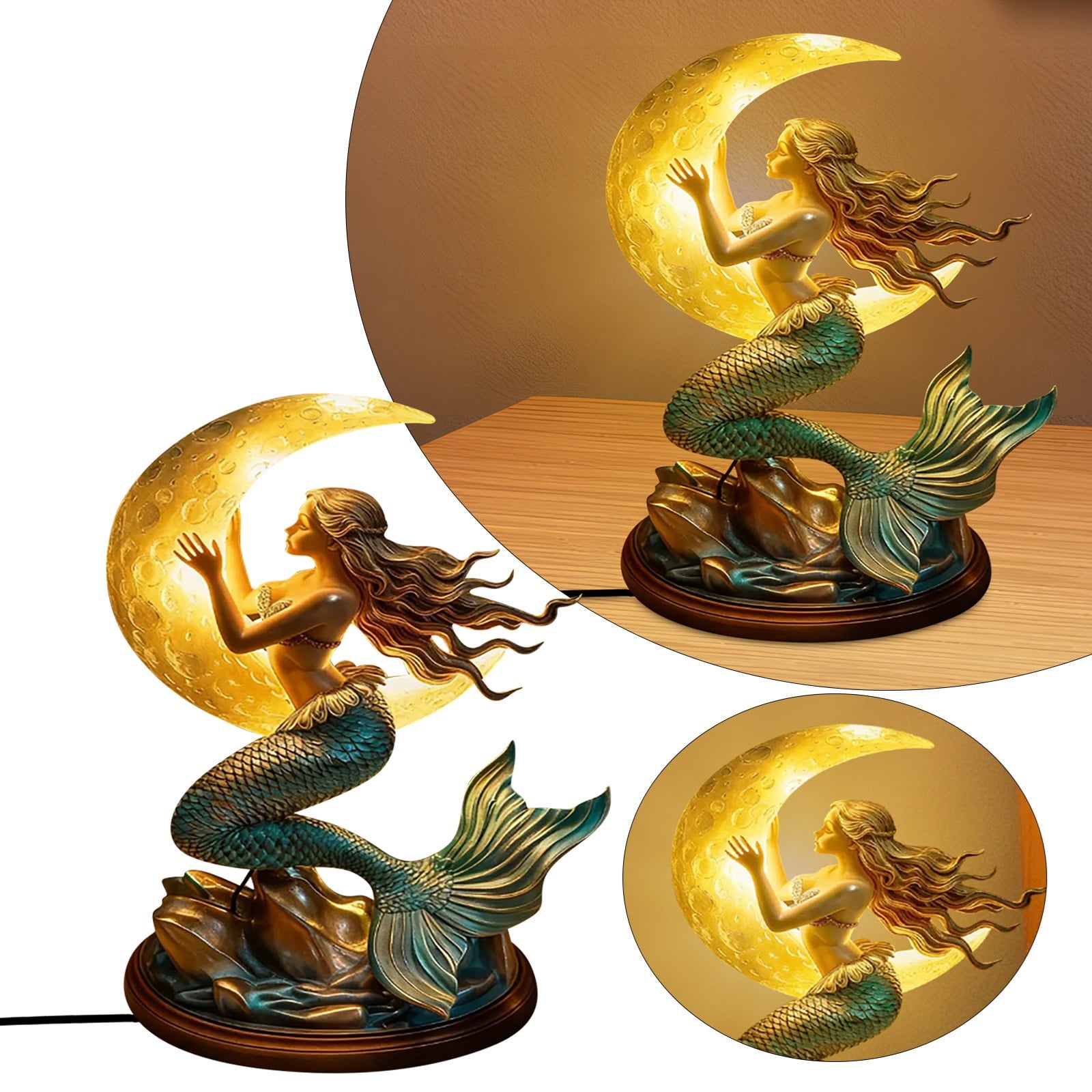 Moonlight Mermaid Night Light 8 Inch Vintage Base Design Night Light Bedroom Night Light with Mermaids Lamp for Bedroom Hotel Restaurant Decorative