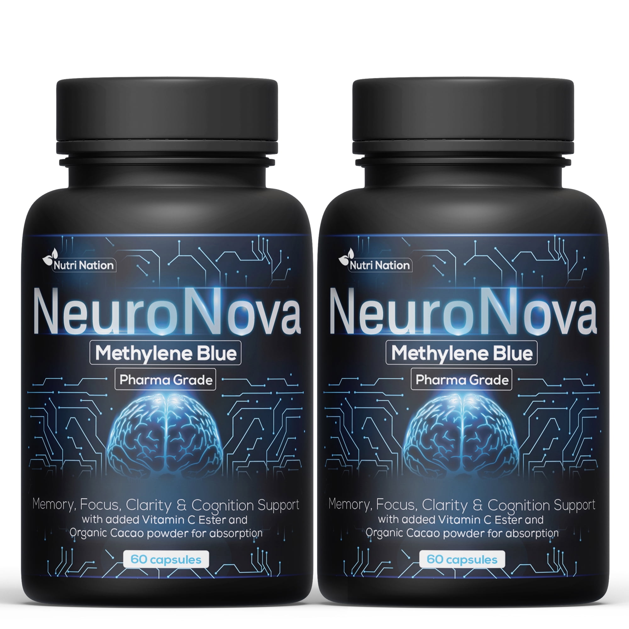 Nutri Nation Neuro Nova Methylene Blue Capsules USP Pharma Grade 12 mg with Vitamin C Ester, 120 Count (2 x 60), Memory & Focus Support