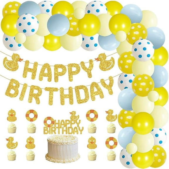 Duck Theme Birthday Party Decorations Duck Blue Yellow Balloons Arch Garland Kit Ducky Happpy Birthday Banner Cake Cupcake Toppers for Boys Girls 1st 2nd 3rd Birthday Party Decor Supplies