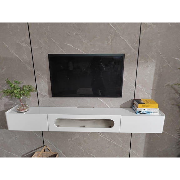 FloatiCasa 47-Inch Fully Assembled High Gloss Floating TV Stand, Wall-Mounted Entertainment Center with 1 Door & 2 Drawers, for TVs up to 50", White