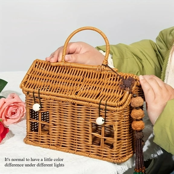 House‑Shape PE Rattan Picnic Basket with Lid, Handwoven Portable Storage Tote for Outdoor Picnic & Home Organizing