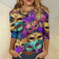 thumbnail image 2 of Mardi Gras Shirts Womens Carnival Crew Neck Purple Blouse 3/4 Sleeve Mask Print Green Graphic Tee Gold 2XL, 2 of 7