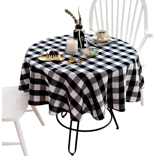 HAHDAXIA Black and White Checkered Round Tablecloth,Waterproof Stain and Wrinkle Resistant Washable Fabric Table Cloth Buffalo Plaid Tablecloth,Cotton Linen Table Cover for Kitchen Home Party
