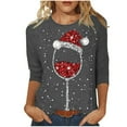 thumbnail image 1 of Hauts de Printemps pour Femmes Noël Verre de Vin Rouge Imprimé Col Rond Manches Trois Quarts T-Shirts Surdimensionnés pour Femmes Gris TTTG, 1 of 4