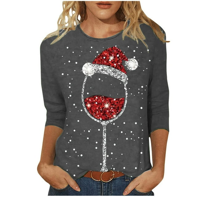 Hauts d'Été pour Femmes Noël Verre de Vin Rouge Imprimé Col Rond Manches Trois-Quarts T-Shirts pour Femmes Gris S