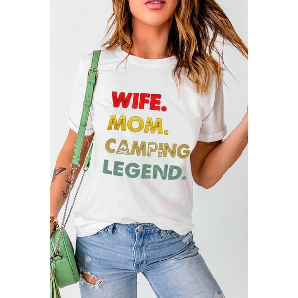 ABPHQTO Camiseta blanca de manga corta WIFE MOM CAMPING LEGEND para mujer
