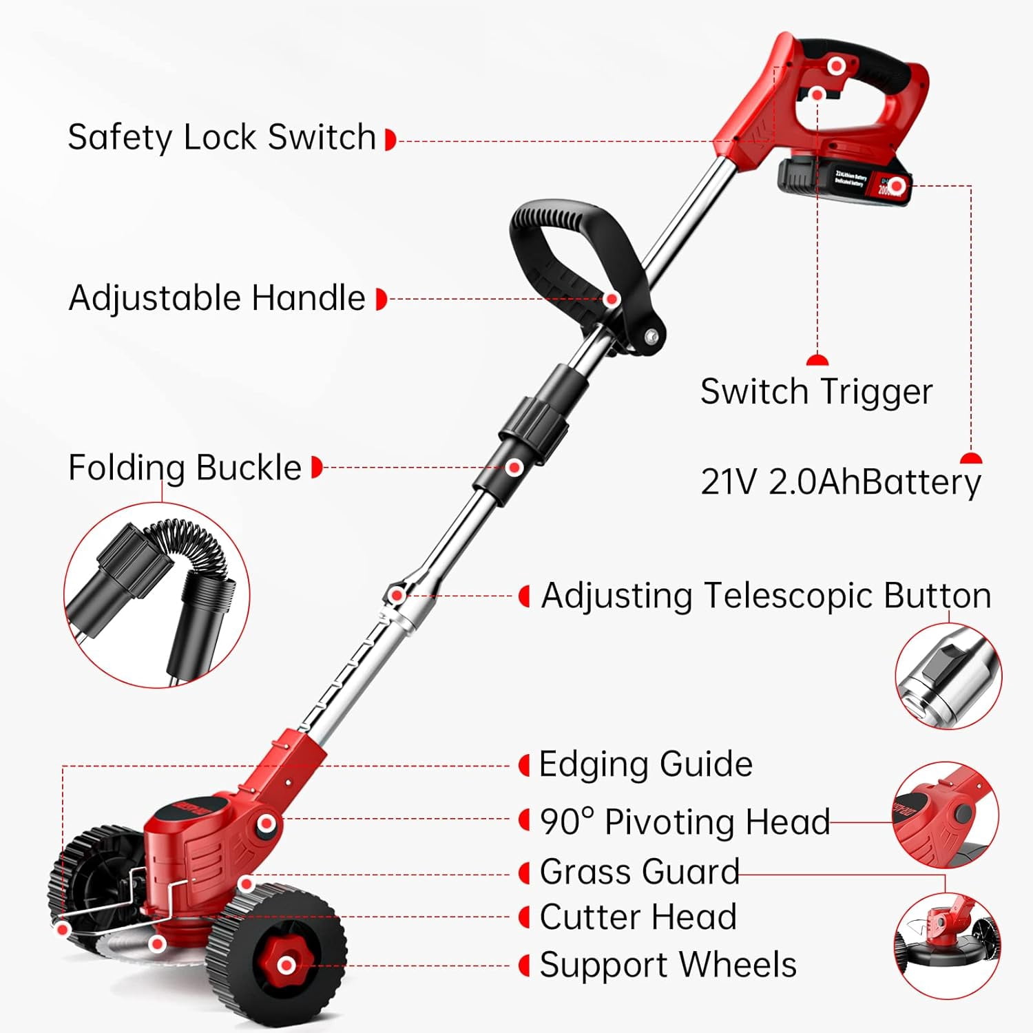 Cordless Weed Wacker 3-in-1 - Electric Grass Trimmer, Edger & Brush Cutter with 2Pcs 2.0Ah Batteries, 3 Types Blades, Lightweight & Adjustable for Yard, Garden, and Lawn Care