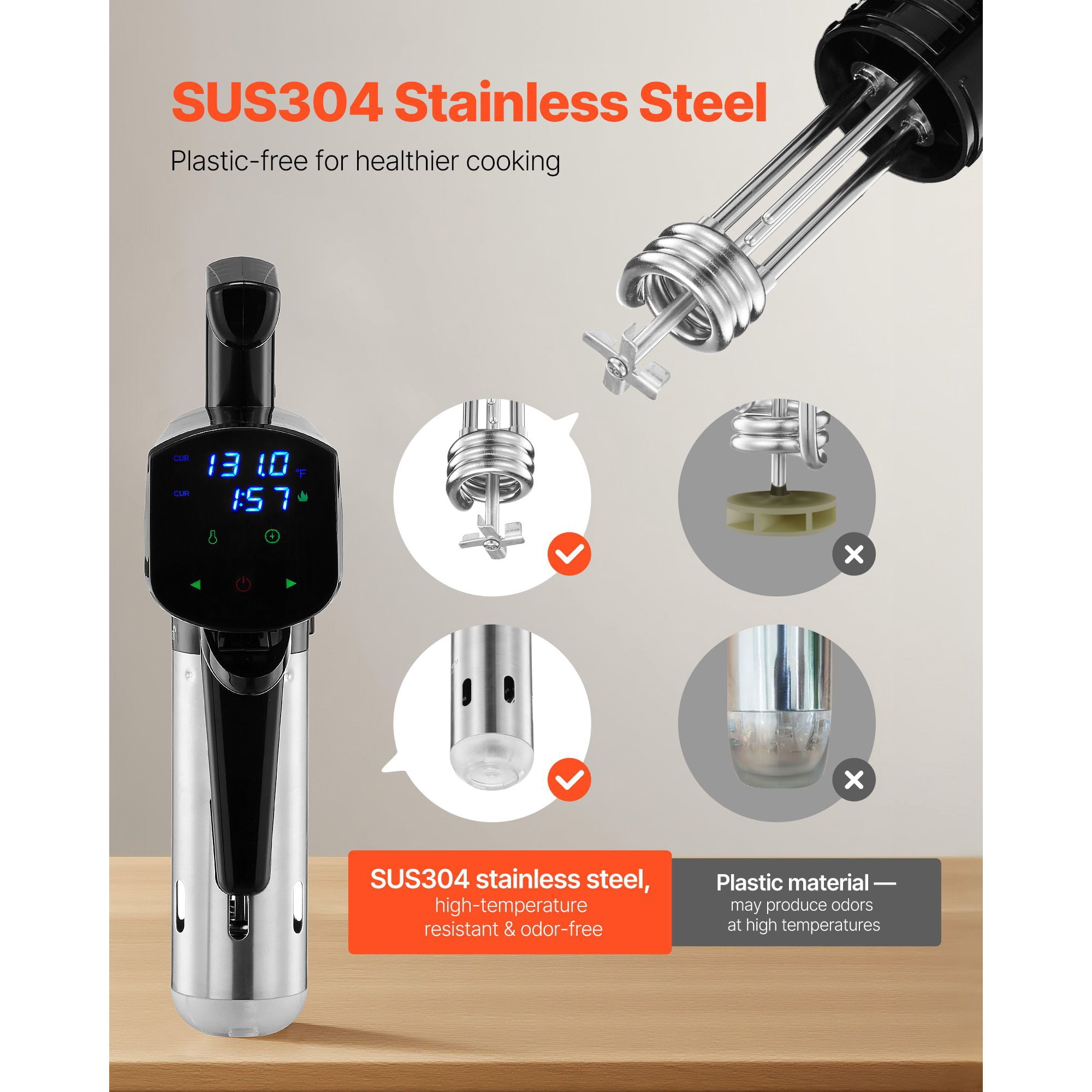 Sous Vide Precision Cooker 1100W Touch Control 77-198.5°F 0.1°C Accuracy 6-12L Capacity Stainless Steel for Steak Seafood