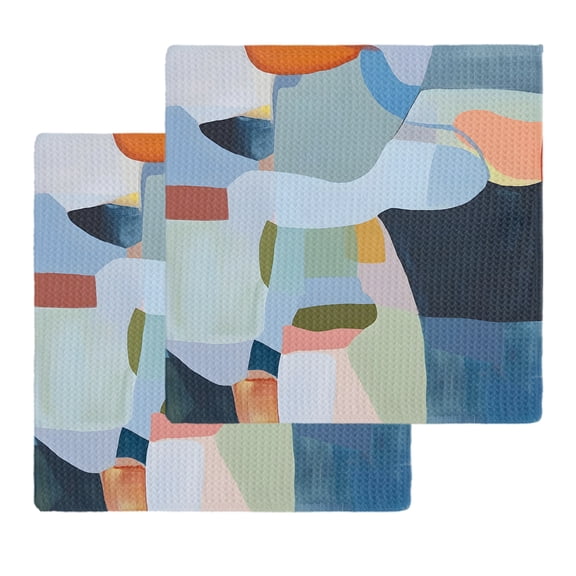 Colorful Geometric Kitchen Dish Towels for Drying Dishes Set of 2, Contemporary Chic Abstract Motifs Waffle Weave Microfiber Hand Tea Bathroom Towels Quick Dry & Absorbent Towel 12x12