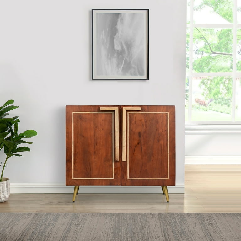 36 Inch Modern 2 Door Wooden Sideboard Buffet Cabinet with Metal Handles Splayed Legs Gold Oak Brown