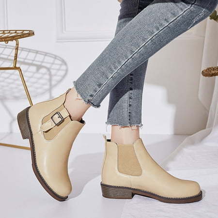 

symoid Womens Booties and Ankle Boots- Winter Plus Velvet Round Toe Low Heeled Solid Short Belt Buckle Sleeve Short Ankle Boots Beige 35