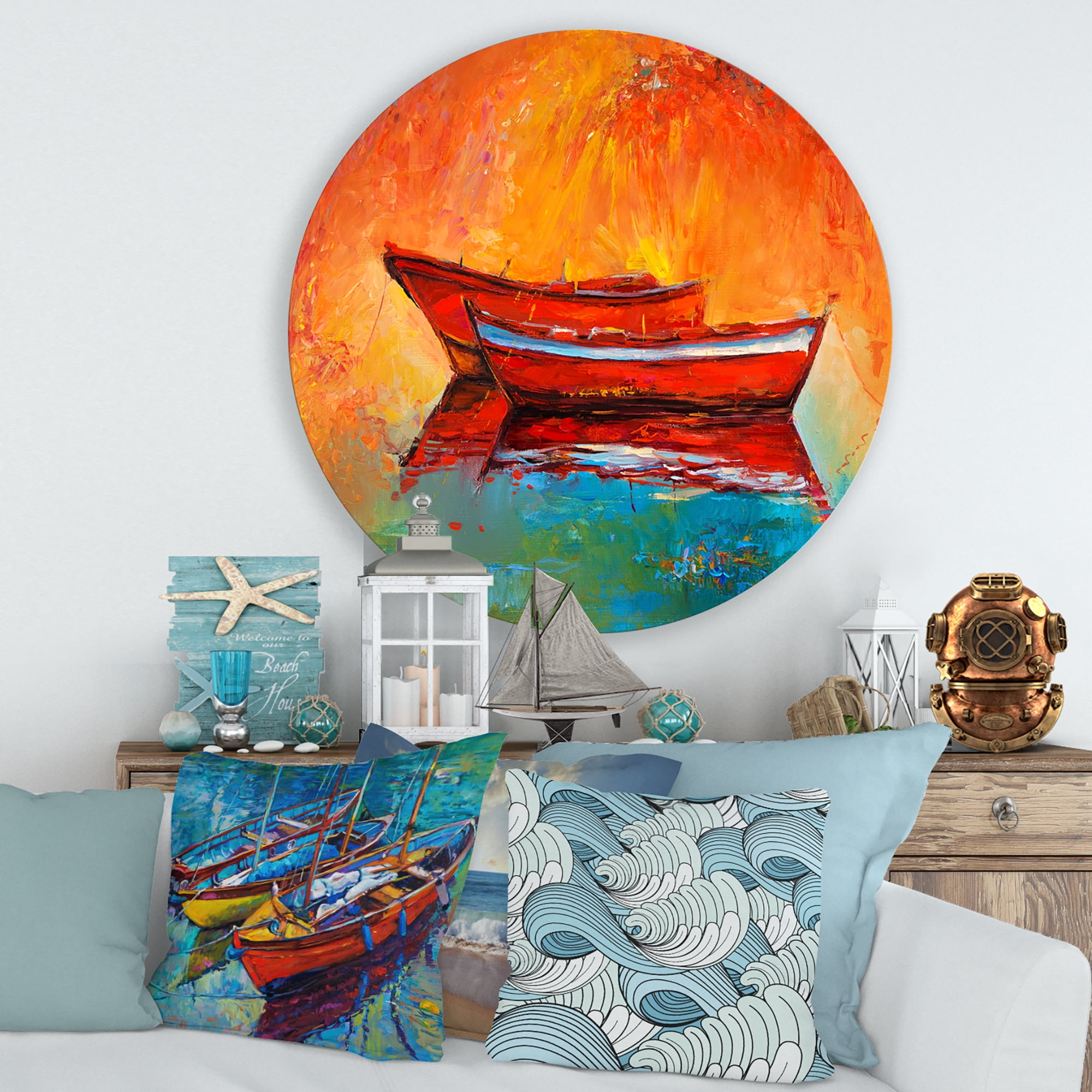 Designart 'Two Red Boats During Sunset In Lake' Nautical & Coastal Circle Metal Wall Art 29x29 - Disc of 29
