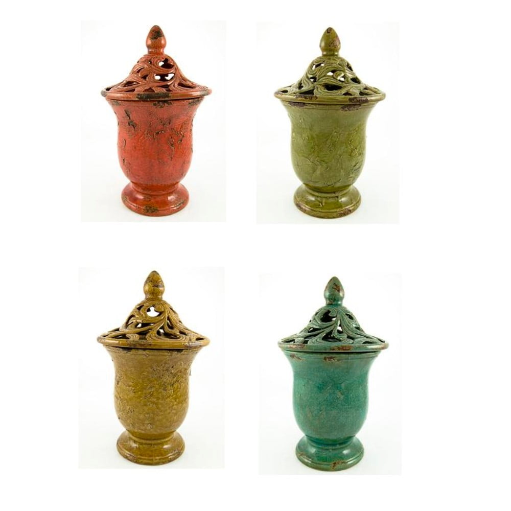 Ceramic Vase With Lid, Red, Green, Yellow And Blue, Assortment Of 4