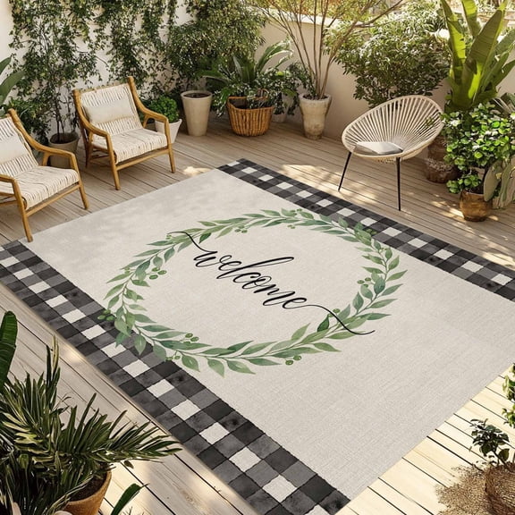 Welcome Outdoor Rug, Vintage Leaf Wreath Linen Texture Black Plaid Border Non-Slip Area Rugs Carpet Breathable Large Floor Mat for Outdoors Patio Porch Deck Beach 3’ x 5’