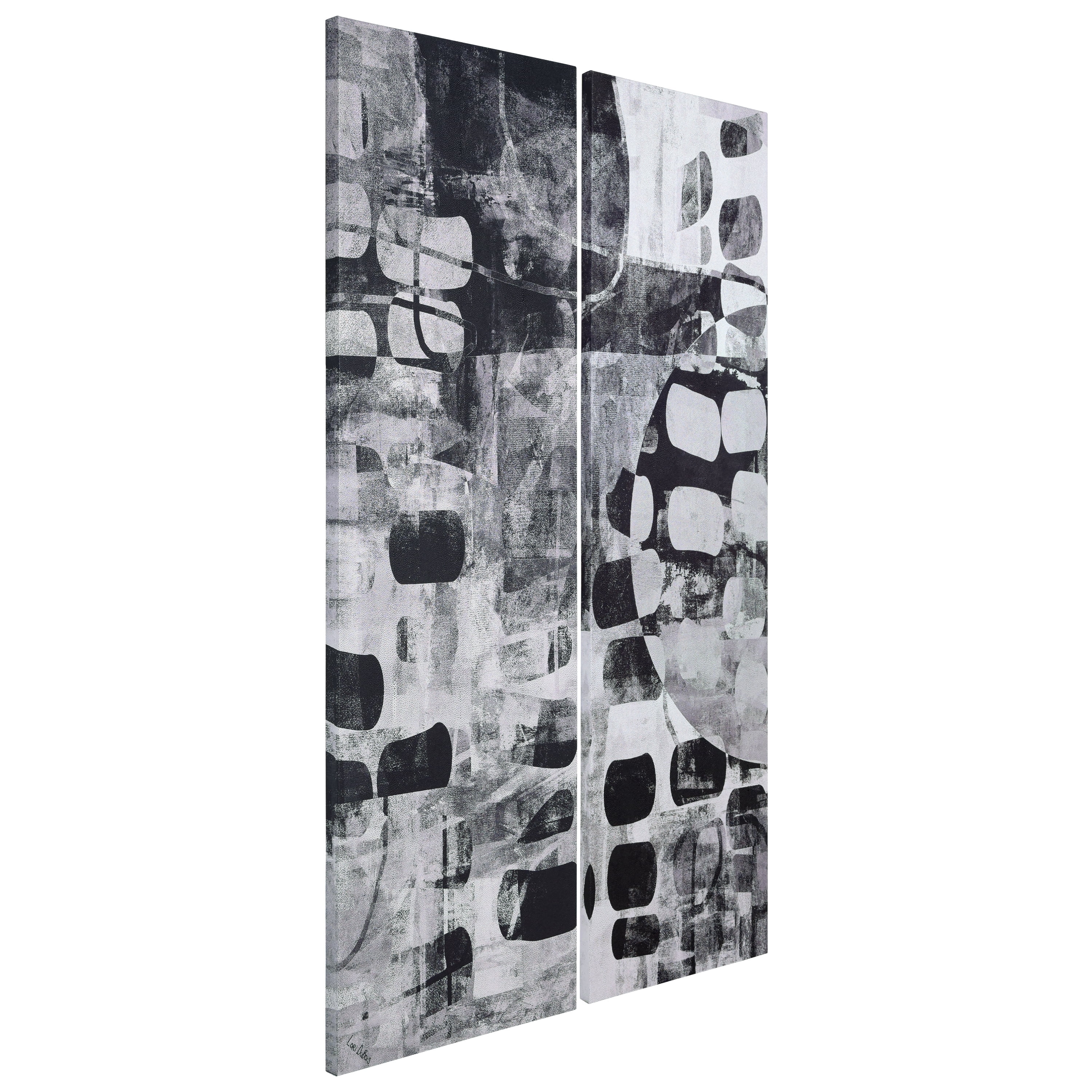 "Monochrome Abstract I & II", Black&White Artwork on Silver Shagreen Wrapped Canvas Wall Art Set, sized 72"x22"