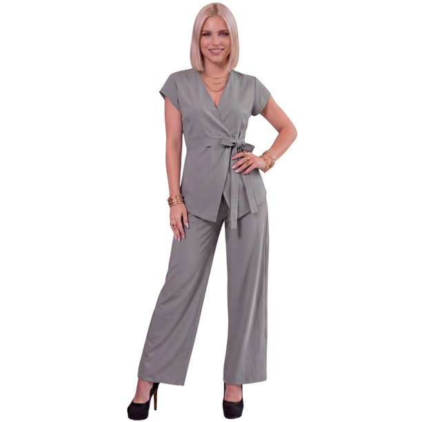 Conjunto Elegante 2 Piezas Pantalon Wide Legs Blusa Cruzada Outfit para Mujer