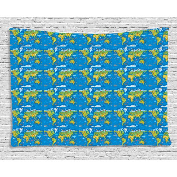 Earthy Tapestry, World Map in Green Shades and Full of Funny Animals Kids Geography Wildlife Theme, Wall Hanging for Bedroom Living Room Dorm Decor, 80W X 60L Inches, Multicolor, by Ambesonne