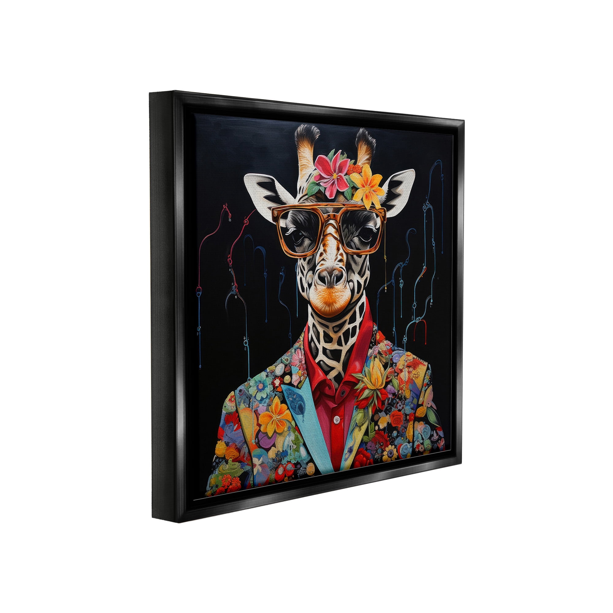 Stupell Industries Giraffe in Floral Suit Animals & Insects Painting Black Floater Framed Canvas Art Print Wall Art, 25 x 25