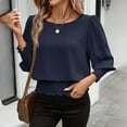 thumbnail image 7 of Otntypg Banded Bottom Tops for Women Smocked Tops Elastic Cinched Waist Tunic Top Elegant Dressy Blouse 3/4 Length Sleeve Casual Outfits Dark Blue M, 7 of 7