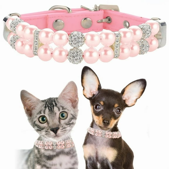 Kiibsot Dog Cat Pearl Collars with Crystal Rhinestone Diamond Décor, Adjustable Cute Fashion Pet PU Leather Collars Necklace for Small Dog Pets Wedding Birthday Party