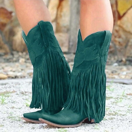 

Feiboyy Women s Leather Toe Tassel Low-heeled Shoes Western Cowboy Boots