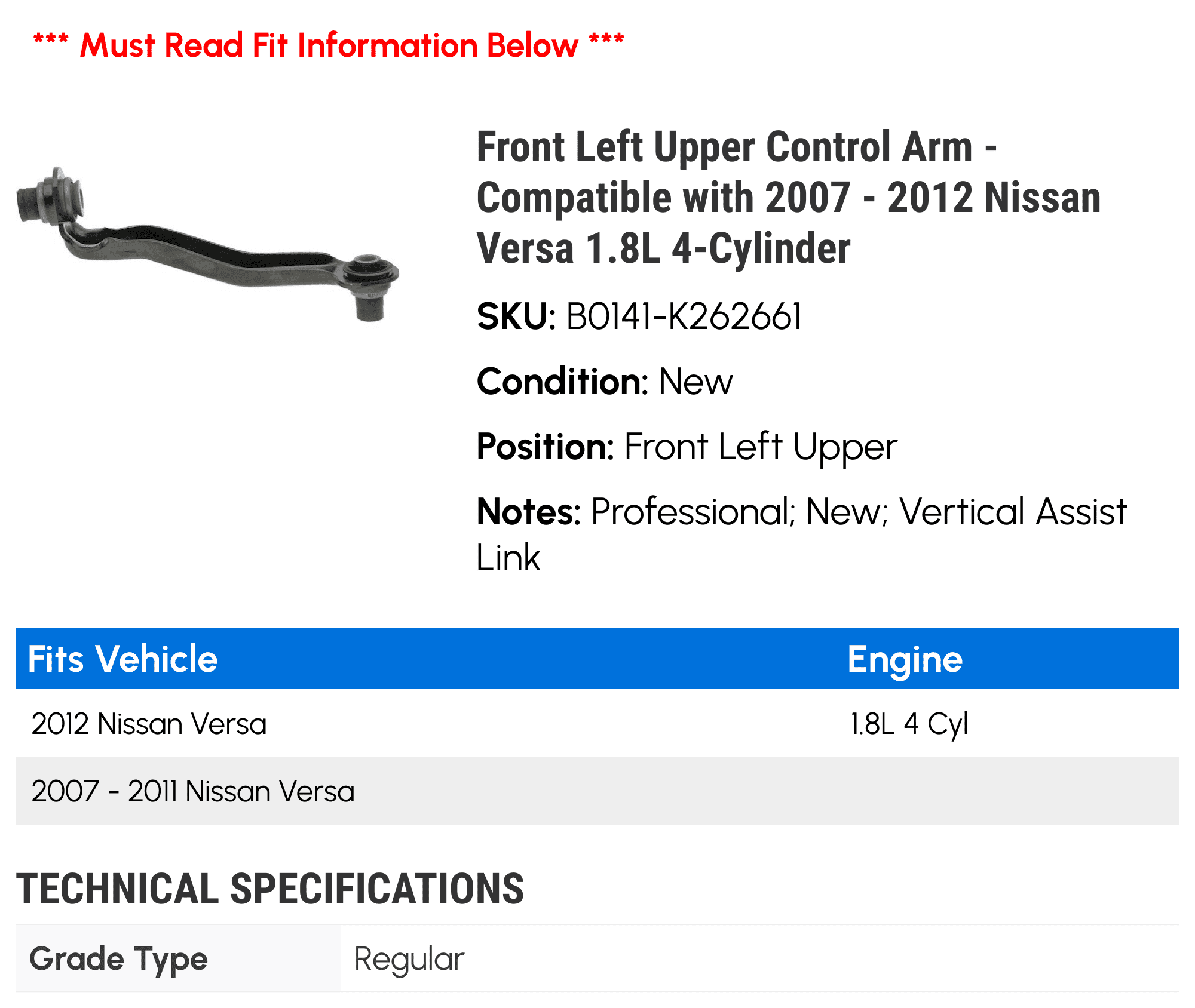 Front Left Upper Control Arm - Compatible with 2007 - 2012 Nissan Versa 1.8L 4-Cylinder - AC Delco