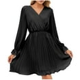 thumbnail image 4 of hotojiny Womens Cocktail Dresses Summer Trendy Long Sleeve Pleated Dress Elegant V Neck Casual Party Dress, 4 of 7