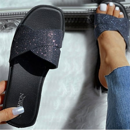 

Slippers Women s Plus Size Open Flat Slippers Sequins Toe Sandals Summer Rhinestone Women s Slipper