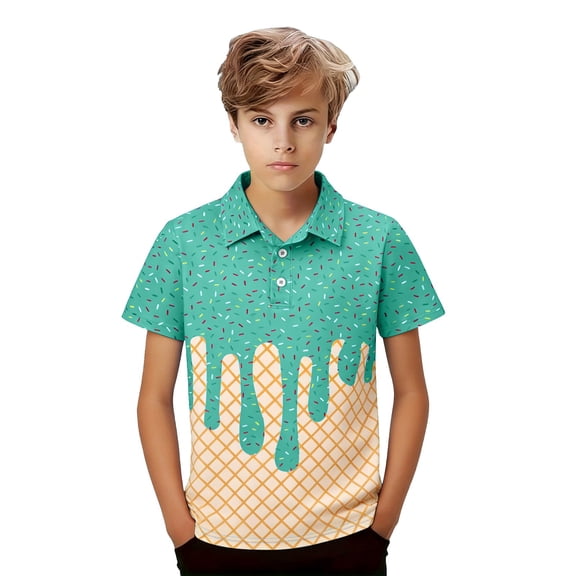 CPNG Boys Summer Shirt Comfortable Fashion Funny Ice Cream Print Short Sleeve Loose Lapel Buttoned Shirts(Green,11-12 Years)