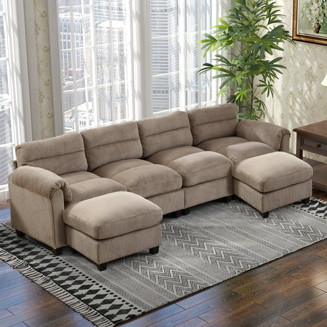 Bonzy Home Canapé Sectionnel Modulaire pour Salon Canapé en Forme de U avec Ottoman Brun