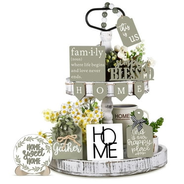 11 Pieces Farmhouse Tiered Tray Decor Wood Sign Rustic Home Sweet Home Simply This Is Us Wooden Beads Tray Decorations Set For Home Kitchen Table Shelf