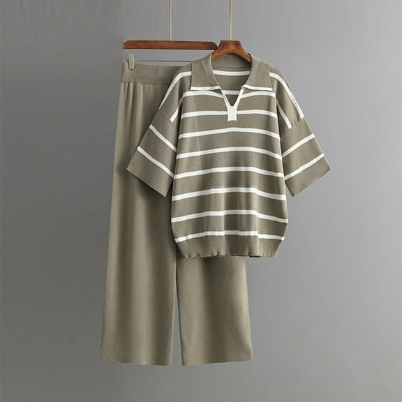 Loose 2 Piece Sets for Women Striped Knitted Sweater Tops High Waist Straight Pants Airport Travel Outfits New Loungewear Sets for Women Fall Gray One Size