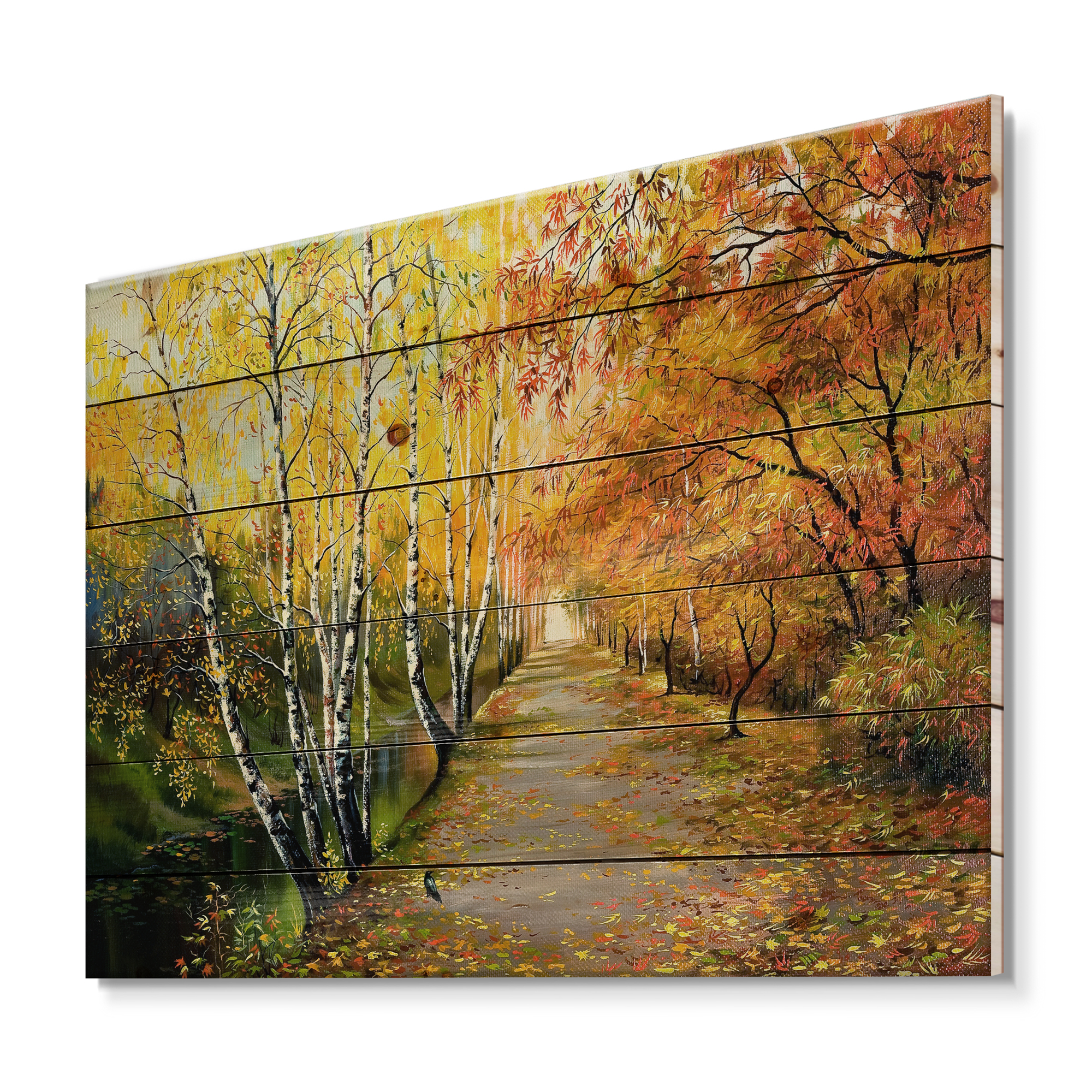 Designart 'Path Through The Autumn Woods Along River' Traditional Print on Natural Pine Wood