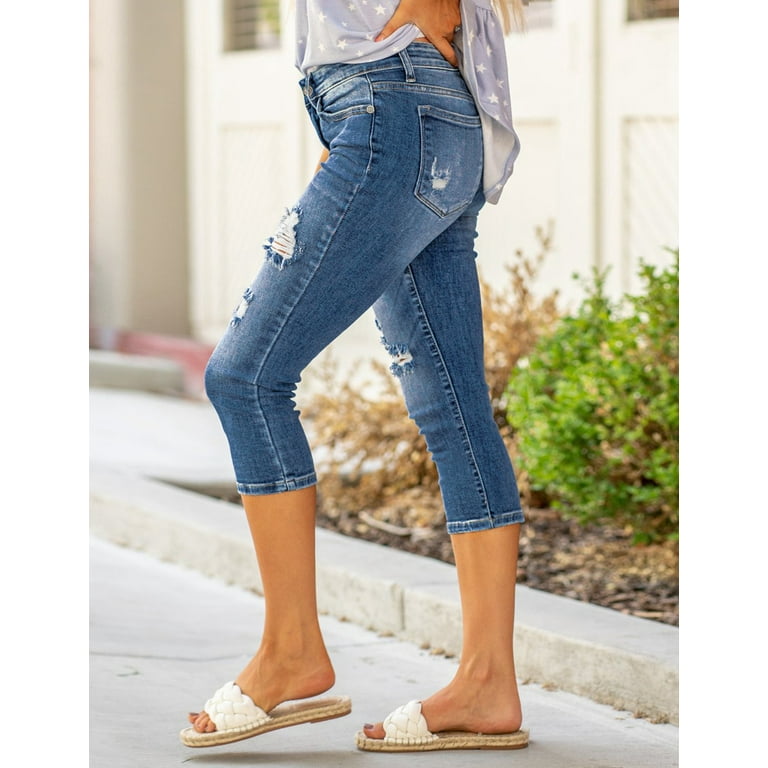 luvamia Women's Classic Denim Capri Jeans Ripped Skinny Stretch Pants  Classic Blue, M, Fit Size 8 Size 10 