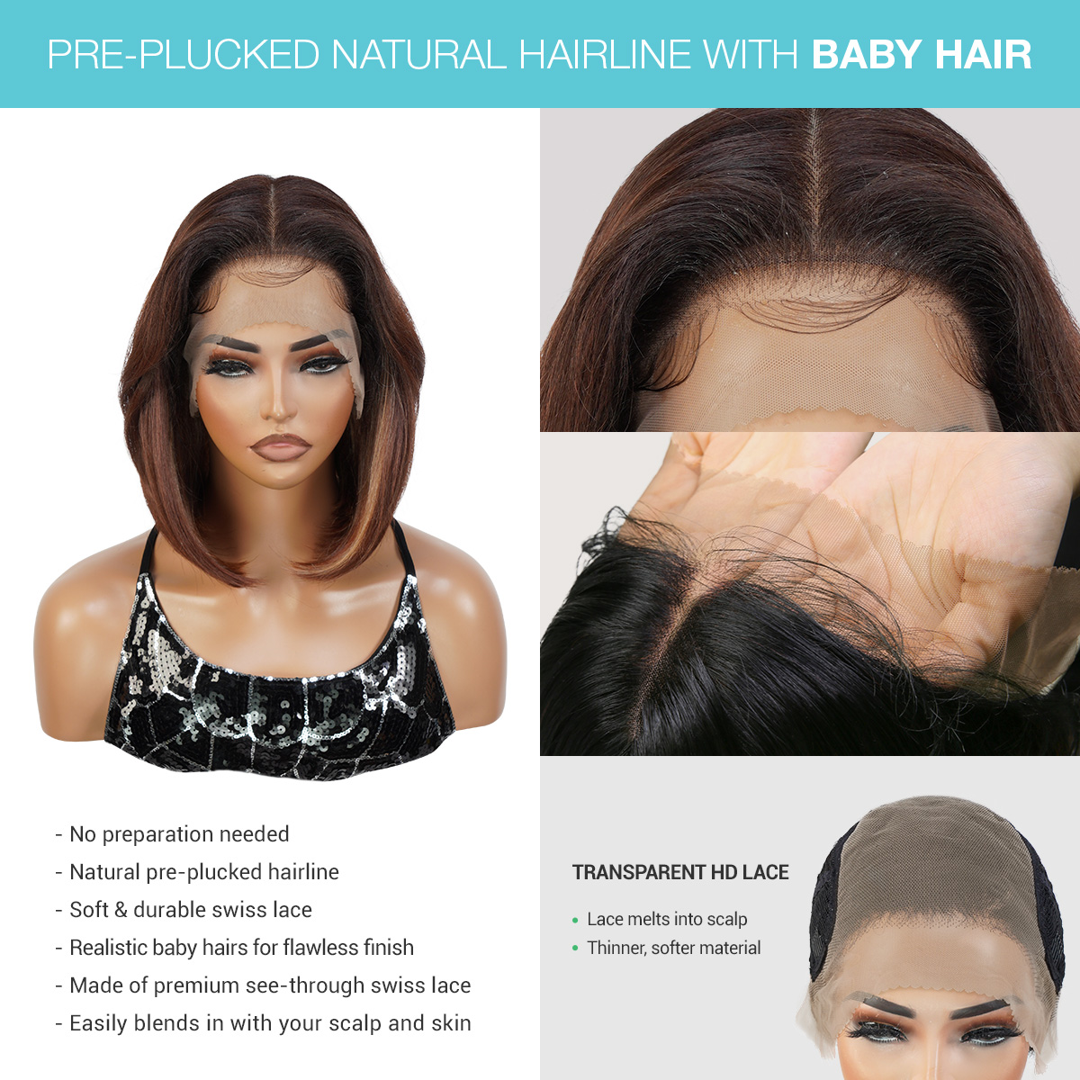 13x6 Swiss HD Lace Frontal Pre Plucked Baby Hair 12 Inch Straight Human Hair 6x6 Hd Lace Closure 12 Inch Straight Human Hair Lace Frontal  main image 2