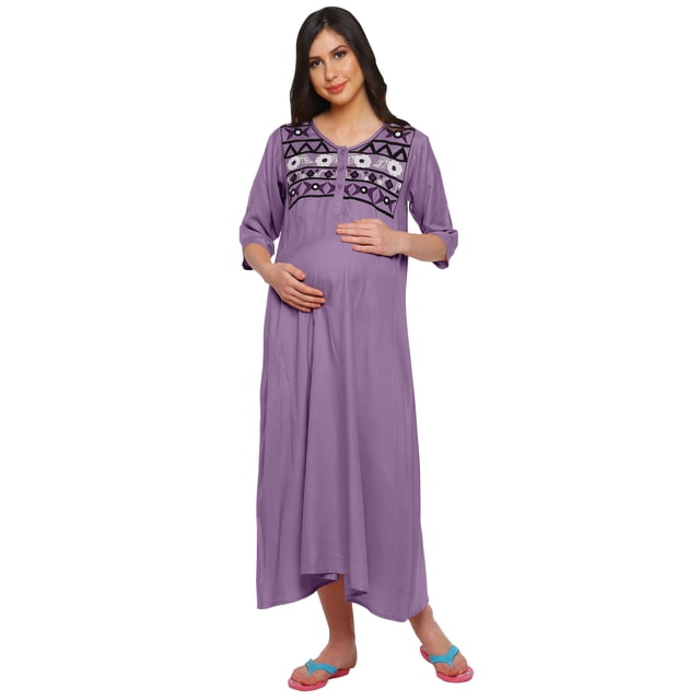 Moomaya Womens Embroidered Round Neck Rayon Slub Long Maxi Maternity Dress