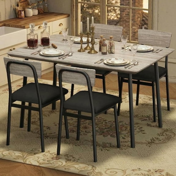 Dining Table Set for 4 with 4 Upholstered Chairs, Wood Kitchen Table Chairs Set with Beveled Edge Design for Dining Room Kitchen Apartment, Rustic Gray