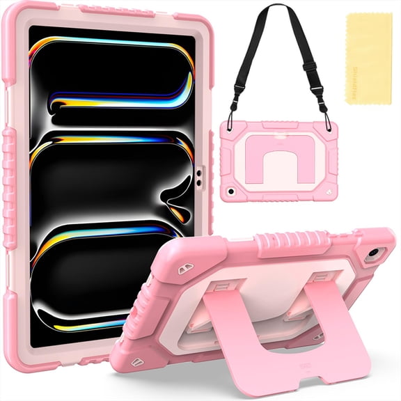 ShieldFlex Rugged Case for Samsung Galaxy Tab A11 Plus 2025/ A9 Plus 2023 11 inch, Shockproof Heavy Duty Cover with Foldable Stand, Shoulder Strap,Rosegold