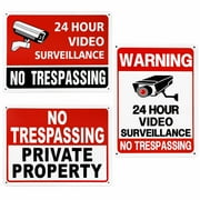 3-Pack Private Property No Trespassing Sign, 24 Hour Video Surveillance Signs Outdoor with Zipties, Weatherproof UV Printed 40 Mil Rust Free Aluminum 10 x 7 in, Security Camera Sign for Home Business