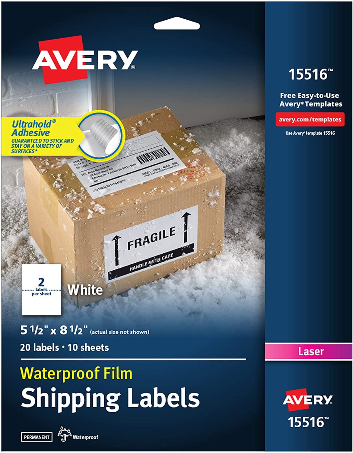 Avery Weatherproof Labels for Laser Printers, 5.5 x 8.5 Inch, White, Pack of 20 (15516