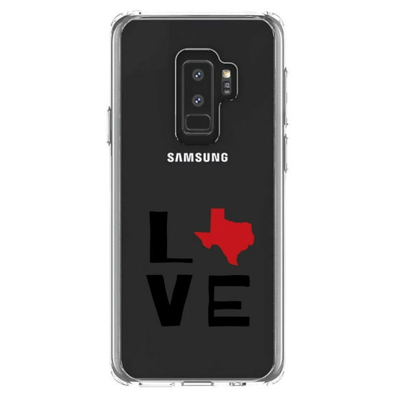DistinctInk Clear Shockproof Hybrid Case for Samsung Galaxy S9  PLUS (6.2" Screen) - TPU Bumper Acrylic Back Tempered Glass Screen Protector - Texas - Love Black & Red