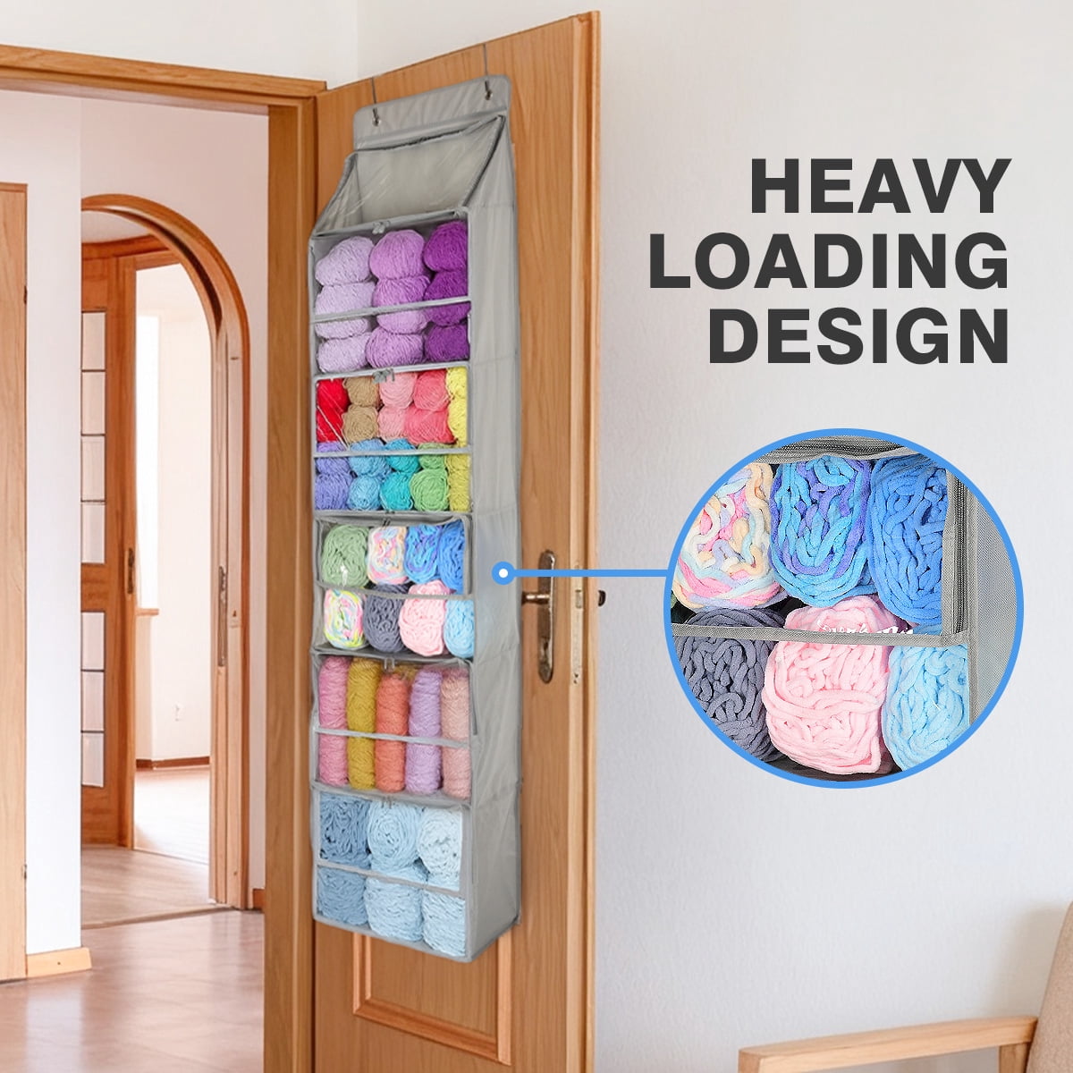 Over the Door Yarn Storage Organizer with 6 Large Clear Pockets, Hanging Wall Mount Knitting & Crochet Supplies Holder for Craft Room, Closet, Door - Space Saving Yarn Skein Organizer (Grey)