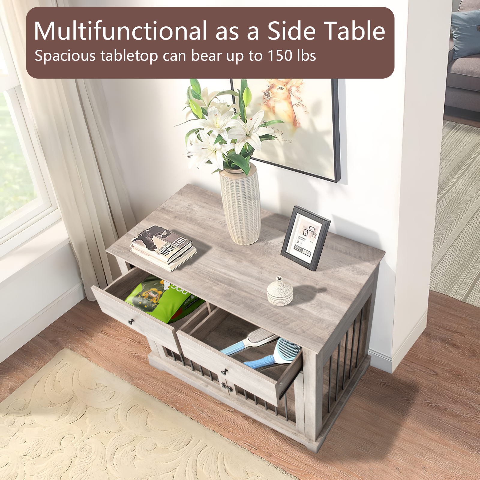Waleaf 44" Large Dog Crate Kennel Furniture with 2 Storage Drawers for inside, Wooden Pet Cage for Medium Large Dogs
