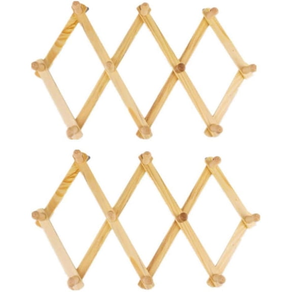 Natural Wood Accordion Expandable Coat Rack, Multi Purpose Solid Wooden Pegs Wall Mounted For Stylish Storage Solution, Space Saving (2 Pack)